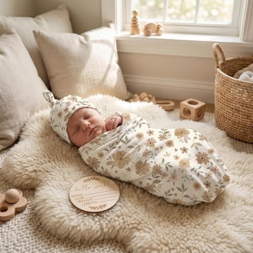 Image of Newborn Receiving Nursery Flower Blanket Baby Swaddle Wrap with Hat Set