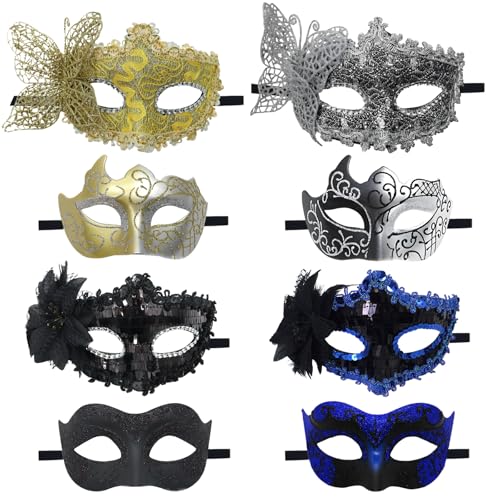CNYMANY Lot de 8 masques de bal masqué pour homme et femme - Masque vénitien pour bal masqué - Noir, bleu, or, argent