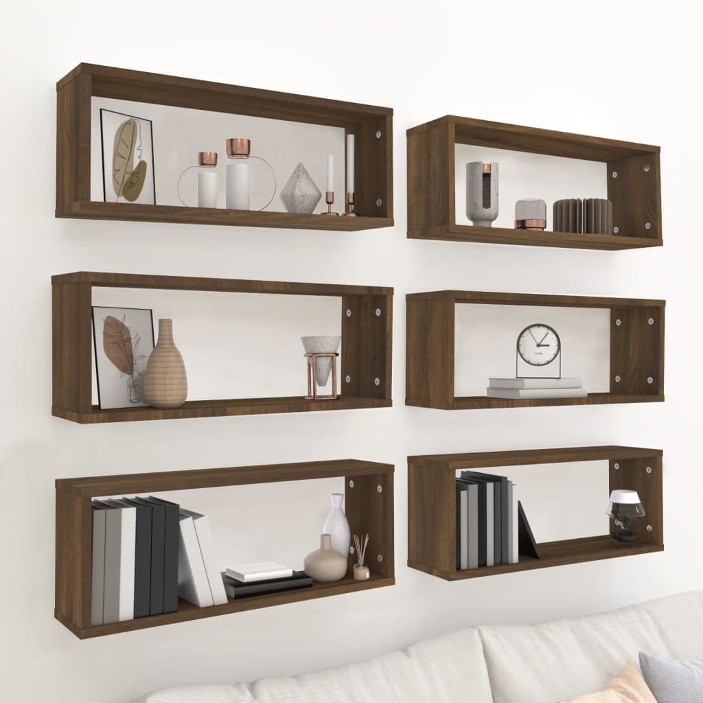 6 mensole cubiche da parete in rovere marrone, eleganti contenitori in legno ingegnerizzato, 60 x 15 x 23 cm, decorazione moderna per la casa e soluzione nizational per soggiorno, camera da letto o