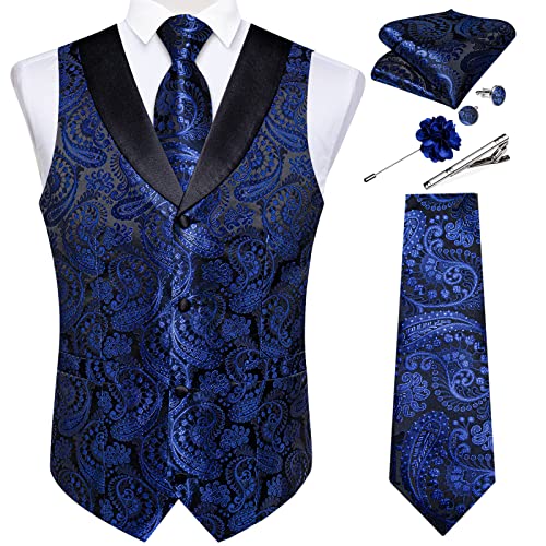 Image of DiBanGu Mens Paisley Suit Vest Silk Jacquard Waistcoat and Necktie Set Formal Shawl Collar Dress Vest 7PCS for Wedding Party