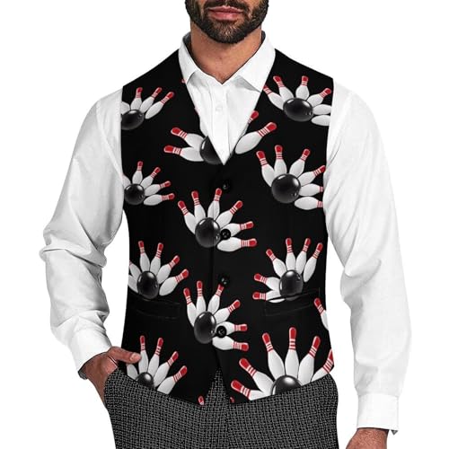 Bowling Ball Mens Suit Vests V-Neck Casual Vest Dress Formal Tuxedo Wedding Waistcoat