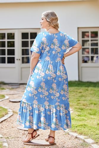 Image of IN'VOLAND Plus Size Women Floral Maxi Dress Flowy Casual Crew Neck Short Sleeve Wedding Guest Holiday Beach Long Dress