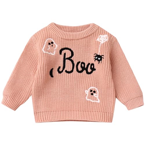 IDOPIP Toddler Baby Girls First Halloween Outfit Embroidery Pumpkin Boo Sweater Top Knit Pullover Sweatshirt Winter Clothes