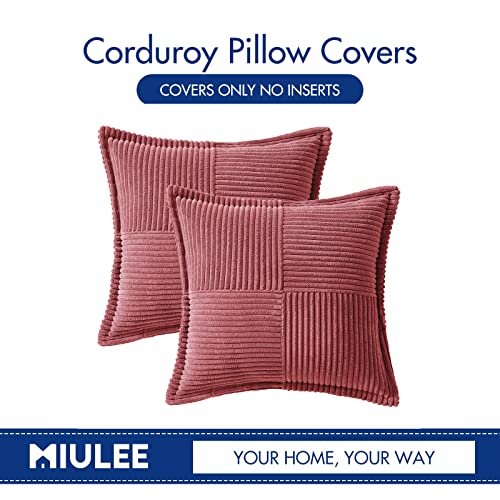 Image of MIULEE Decorative Throw Pillow Covers for Couch Bed Livingroom 20x20 Inch Set of 2 Cranberry Red Boho Accent Throw Pllows Broadside Striped Patchwork Soft Corduroy Pillowcases