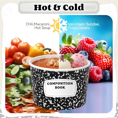 Image of Funnymoom 50 Pack Back to School Paper Ice Cream Cups 9 oz Black White Composition Book Disposable Dessert Bowl First Day of School Soup Bowls for Preschool Kindergarten Graduation End of Year Party