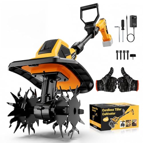Brushless Cordless Tiller Cultivator Compatible with Dewalt 20V Battery (Tool Only) 400RPM Electric Garden Rototiller 9In Width 7In Depth with 48 Steel Tines for Soil Cultivation & Gardening
