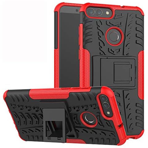 Labanema Huawei P Smart 2018 Case, Heavy Duty Shock Proof Rugged Cover Dual Layer Armor Combo Protective Hard Case Cover for Huawei P Smart 2018 Smartphone(Not fit P Smart 2019) - Red Cover