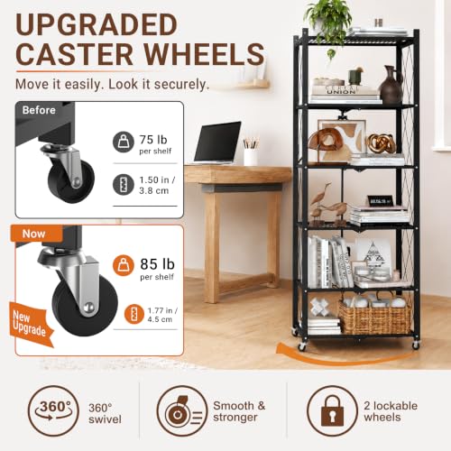 Image of black leopard 6-Tier Foldable Metal Storage Shelf with Wheels, Black