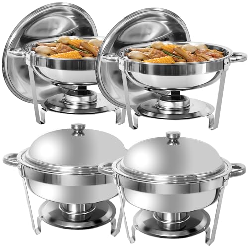 PRIJESSE Chafing Dish for Buffet, 6QT Round Buffet Servers and Food Warmers, Stainless Steel Chaffing Servers for Parties Catering, Banquet, Weddings (4 Pack)
