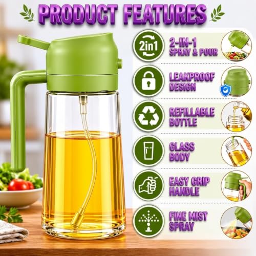 Image of 2-in-1 Glass Oil Sprayer and Dispenser Bottle with Handle Cocking Oil Bottle for Kitchen (500ml)