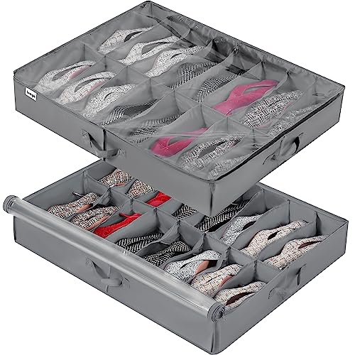 INAYA Under Bed Shoe Storage Organizer 2 Pack, Fits 32 Pairs, Large Underbed Shoe Box Storage...