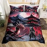 Feelyou Dragon Bedding Set Queen Size Kids Samurai Comforter Cover Set for Boys Japanese Style 3D Dragon Theme Anime Ancient Wildlife Duvet Cover Red Bedspread Cover Quilt Cover,No Comforter