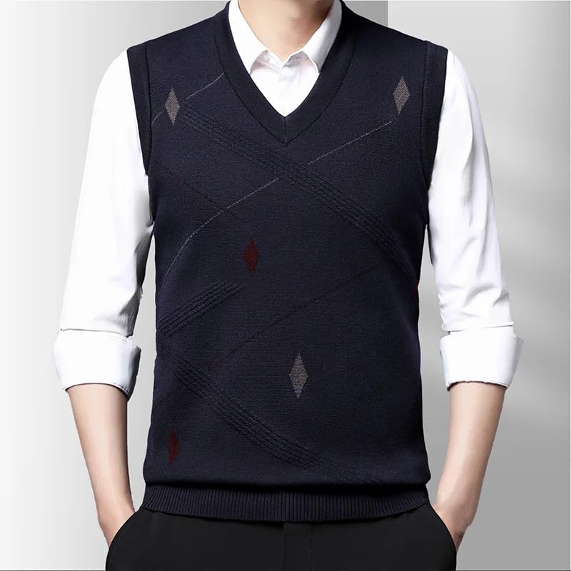 Dninmim Men's Casual Solid Sleeveless Sweater Tank V-Neck Patchwork Screw Thread Vintage Warm Vest Top3