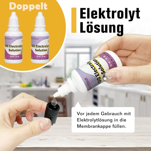 Elektrolyt Lösung Null-Sauerstoff Lösung und Membrankappen Kit für Messgerät für Gelösten Sauerstoff, 2 Flaschen 30 ml Elektrolytlösung, 1 Flasche 50 ml Null-Sauerstoff-Lösung und 6 Membrankappen
