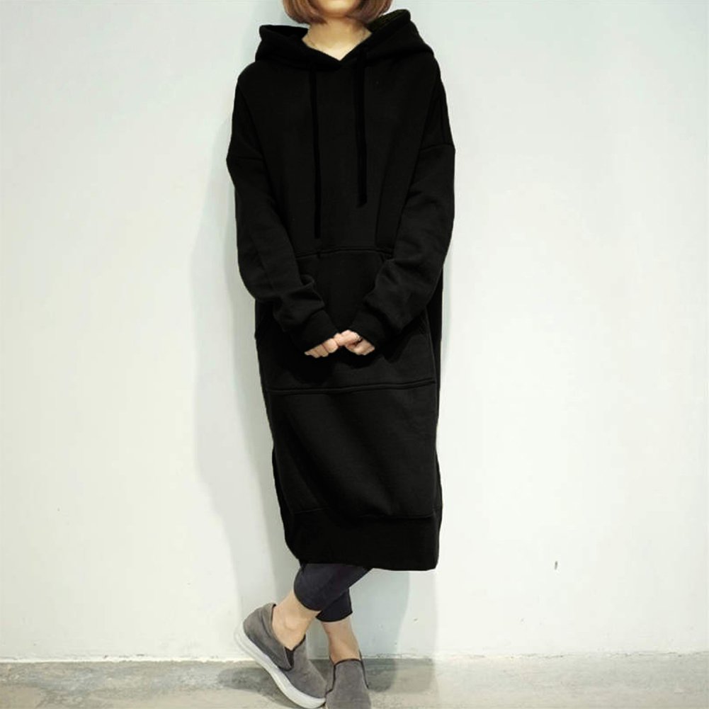 Buy Homgee New Women Loose Long Sweatshirt Hooded Dress Solid Long Sleeve  Pockets Split Casual Warm Hoodies Black at Amazon.in