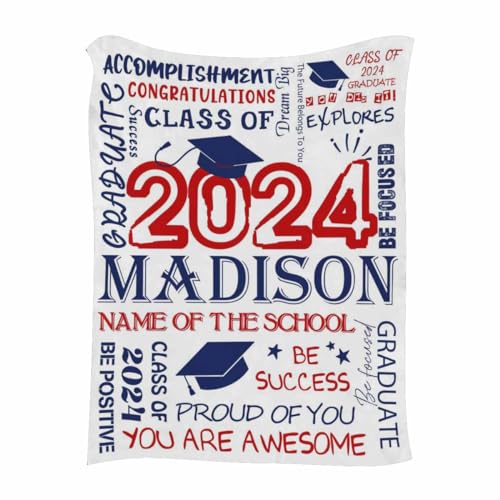 Artsadd Personalized Boys Girls Graduation Gift Customized White Class of 2024 Graduate Custom Senior 2024 Throw Blanket for High School College University Graduates 2024 70x80 Inch