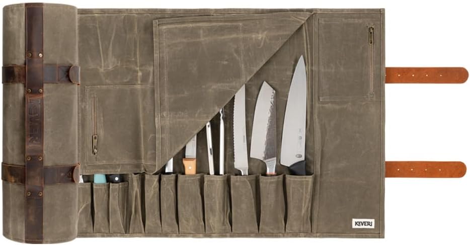 Waxed Cotton Knife Bag, Roll Bag, Knife Case, Knives Roll Bags, Chefs, Heavy Duty, Pockets, Zipper