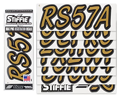 Image of STIFFIE Whipline Solid Metallic Gold /Black 3 inch Alpha-Numeric Registration Identification Numbers Stickers Decals for Boats & Personal Watercraft
