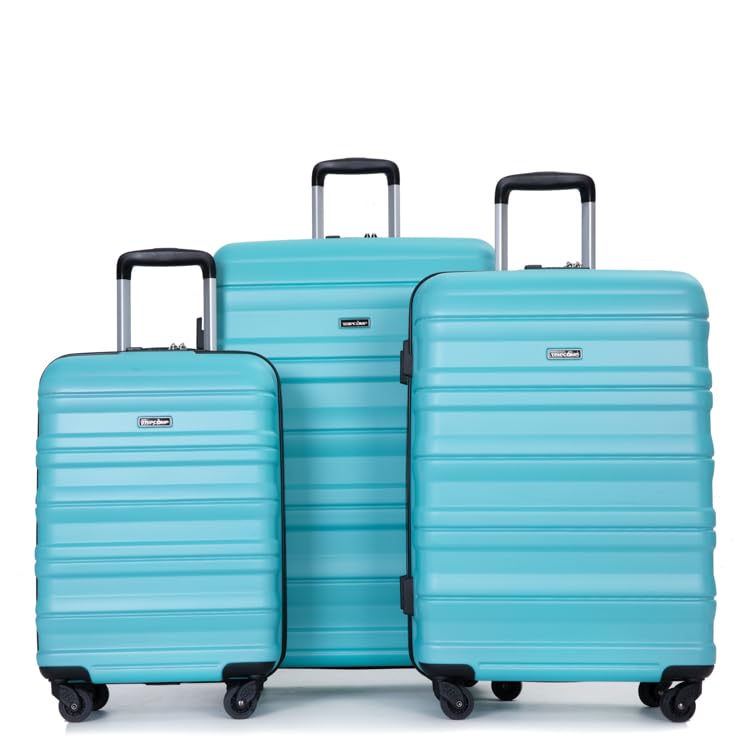 Expandable 3 Piece Luggage Sets PC Lightweight & Suitcase with Two Hooks, Spinner Wheels, TSA Lock, (21/25/29) AQUA BLUE