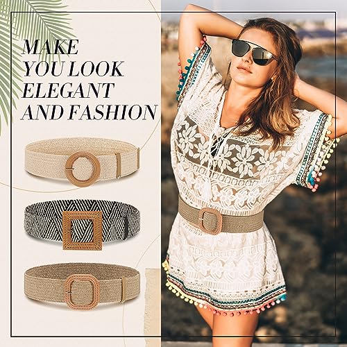 Image of Syhood 3 Pieces Straw Woven Elastic Waist Belt for Women Bohemian Dress Braided Belt