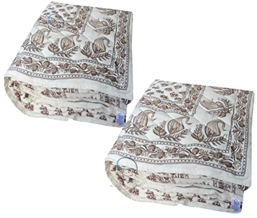 Image of Jaipuri Razai Single Bed Gold Print with Computerized Quilting Use as Soft and Breathable Cotton Comforter Quilt Rajai Blanket Dohar Size 55X85 inch Off White (Cream) Pack of 2