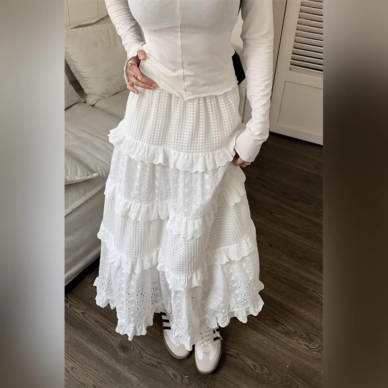 Women's Y2K Boho Ruffle Lace White Maxi Skirt Tiered Long Skirt Elastic High Waist Pleated A-Line Long Skirt2