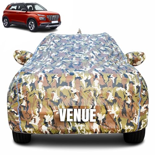 Image of 100% Waterproof Car Body Cover for Hyundai Venue (2019-2022) with Mirror Pocket (Heat & UV Resistant, Triple Stitched, Soft Lining, Bottom Elastic & Piping) Camouflage, Military Print