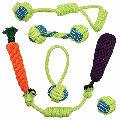 Cuby Puppy Chew Dog Toys for Small Teething Pets, Set of 7 Rope Dog Toy for Medium to Small Dogs, Safe Material for Playtime and Cleaning Teeth. (Green)