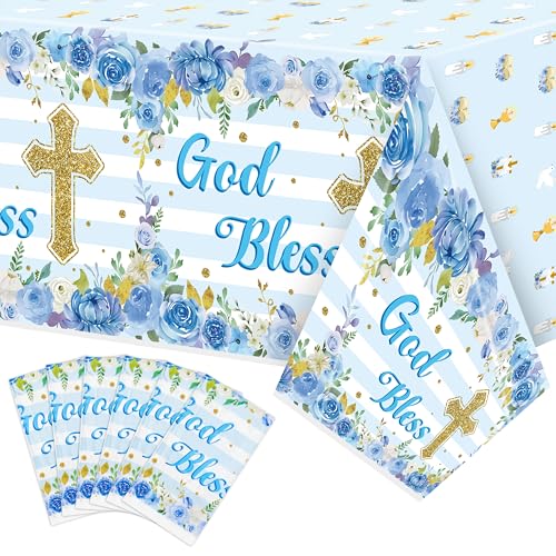 Image of 6 Packs Blue Baby Boy Baptism Party Tablecloths Decorations Flower Theme Disposable Plastic Waterproof Rectangle God Bless Table Cover for boy Baby First Communion Party Favor Supplies