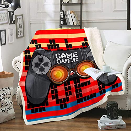 Loussiesd Boys Black Gamepad Plush Throw Blanket Teens Video Game Sherpa Blanket Gamer Fleece Blanket for Sofa Chair Modern Colorful Grid Stripe Warm Fuzzy Blanket Ultra Soft 40x50 Inch