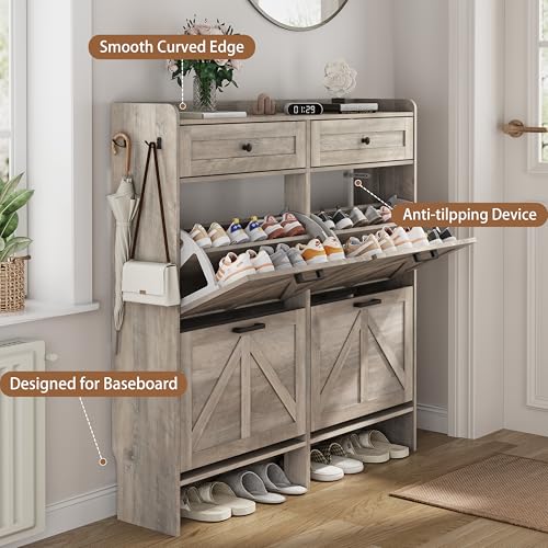 Image of Shoe Cabinet with 4 Flip Drawers & 2 Top Drawers, 43 inch Tall Freestanding Narrow Wooden Shoe Storage Organizer for Entryway, Hidden Slim Shoe Rack for Front Door Entrance, Hallway, Living Room, Grey