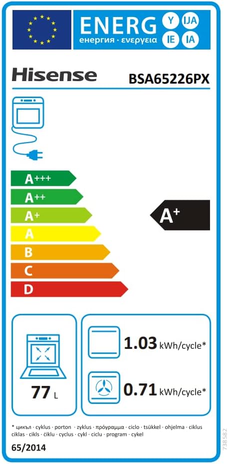 EU Energy Label for Hisense BSA65226PX oven, showing A+ energy efficiency class and consumption.