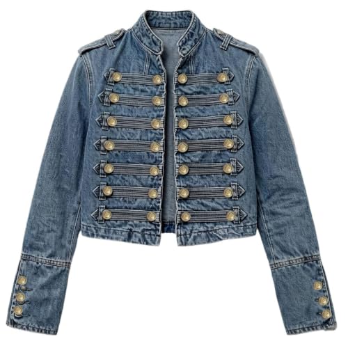 DINGXIANGJU Y2K Grunge Goth Military Denim Jacket Women Streetwear Vintage Punk Oversize Cropped Jean Coat Alt Tops Clothes (Medium,blue)
