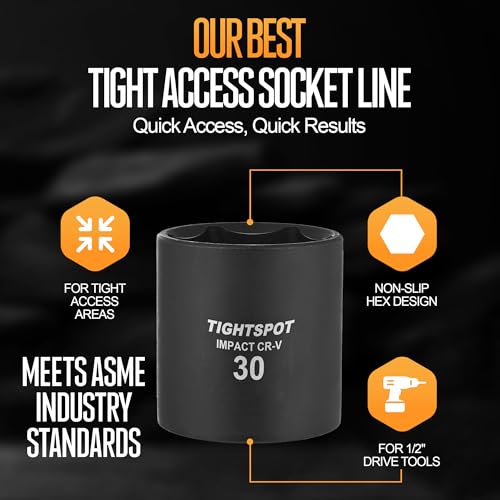 Image of TIGHTSPOT 1 /2 Inch Drive 30mm Shallow Impact Socket with Anti-Rounding 6 Point Design, Heat-Treated CRV Steel