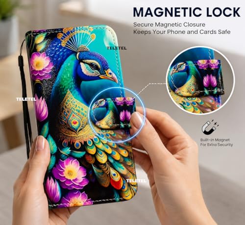 Image of TELETEL Peacock Design Leather Flip Back Phone Case Wallet Cover with Card Slot Holder Kickstand - Multicolor for Vivo V50 5G