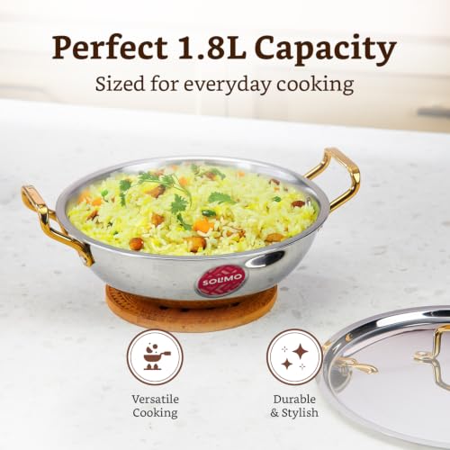 Image of Amazon Brand - Solimo Premium Triply Stainless Steel Kadhai 22cm (1.8L) | SS Lid | Even Heating | Gas & Induction Compatible | Dishwasher Safe | Food Safe SS 304 | Elegant Golden Handles | BIS Certified