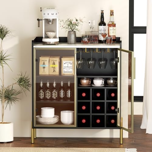 Coffee Bar Cabinet with Aluminum Frame Glass Door, Black Wine Bar & Liquor Cabinet, Modern White Sideboard Buffet Cabinet with Storage for Kitchen, Dining Room & Living Room