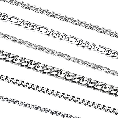 6 Pcs Silver Chains, Stainless Steel Cuban Link/Rope/Box/Figaro/Square Rolo/Wheat Chain Necklace Jewelry Set for Men Women