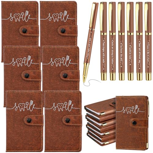 TaoBary 24 Sets Dental Hygienist Appreciation Gifts Bulk Tooth PU Leather Notebook and Motivational Ballpoint Pen Set, Thank You Gifts for Dentist Assistant Hygienist Nurse Week (Brown)