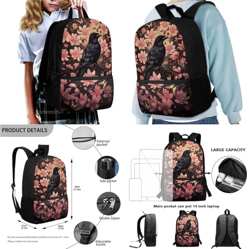 Xoenoiee Crow Peony Floral Pink Pattern 17" Backpack Set with Lunch Bag, Pen Case, and Water Bottle Carrier Kids Students School Bag 4Pcs Sets for Boys Girls2