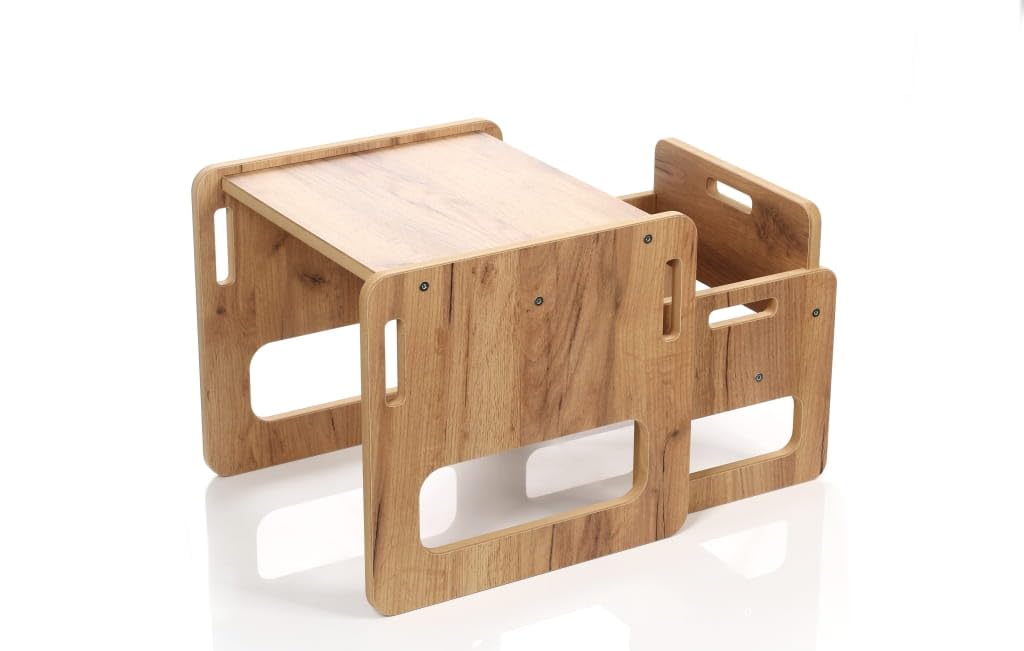 Kids Helper Kindertisch mit Stuhl – erste Montessori Sitzgruppe aus laminiertem MDF, Tisch 40 x 38 x 36 cm, Sitzhöhe 15 cm, für ca. 1–3 Jahre, Eiche, TB-330