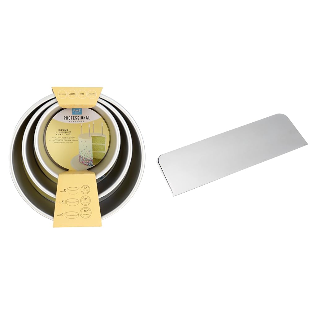 PME - Moules à Gâteaux Ronds 15, 20, 25 cm x 10 cm de Profondeur, Lot de 3 RNDB68104, Plata & Grattoir à gâteau en acier inoxydable, argenté, extra haut (25 cm)