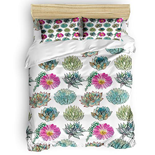 Yogaly Home Bedding Set 4 Pieces Queen Size Duvet Cover Set for Adults/Teens/Kids Watercolor Succulent Plant Printed Bed Sheets, Duvet Cover, Flat Sheet, Pillow Covers