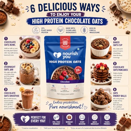 Image of 25g High Protein Chocolate Oats by Nourish You 1kg Plant Based Protein | Made with Rolled Oats , Cocoa Powder , Almonds , Raisins & Soy Protein | High Protein Oatmeal Breakfast Cereal | 11g Fibre | No Artificial Colours, No preservatives , No artificial Flavours