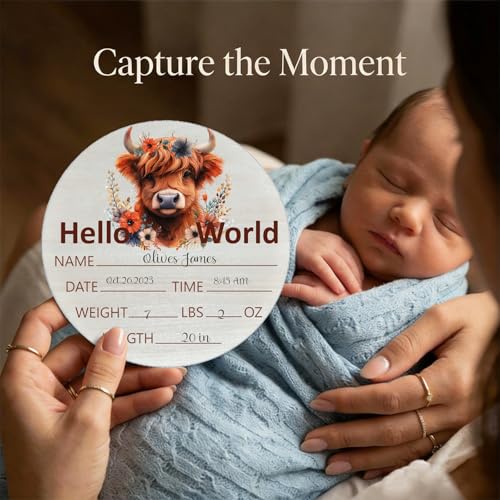 Image of Highland Cow Baby Announcement Sign, Wooden Nursery Name Plaque 6in | Highland Cow Themed Wooden Name Sign for Newborn Announcement, Nursery Decor, Baby Shower Gifts, Records Name, Date & Weight