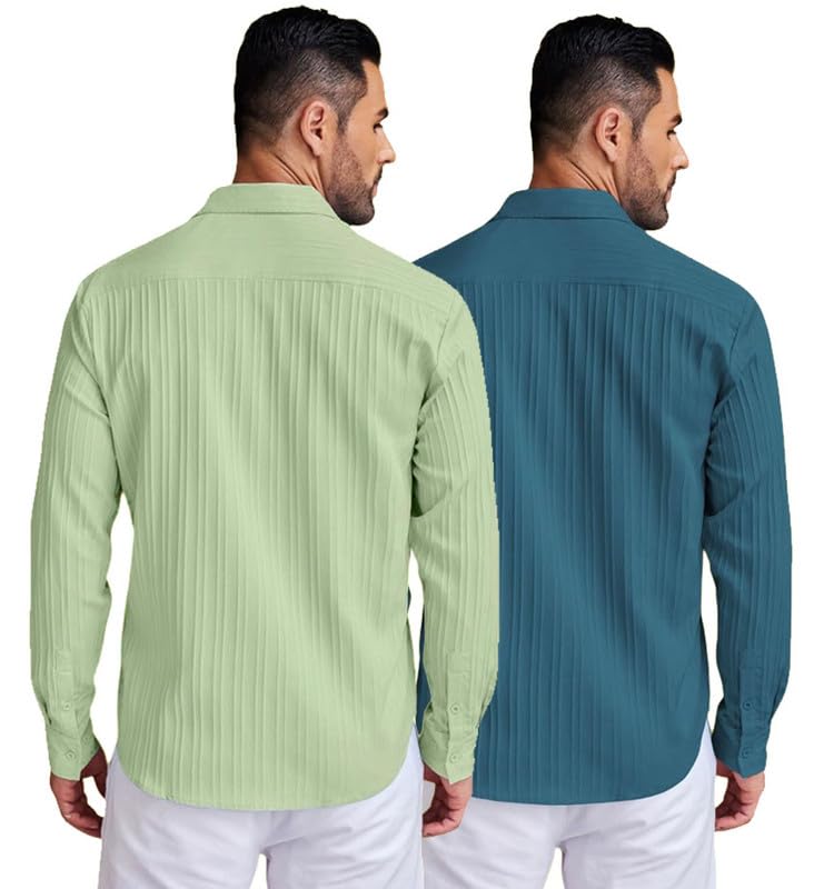 Image of DEELMO Combo of Men's Casual Button Down Shirts Long Sleeve Linen Shirt Fashion Textured Summer Shirts Pack of 2