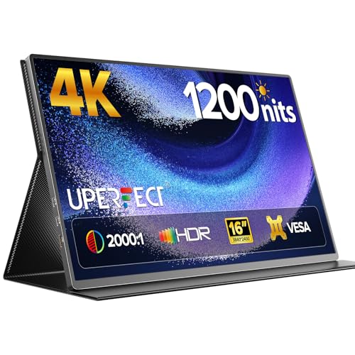 UPERFECT Portable Monitor 4K 16' | 1200 Nits Tragbarer Monitor | 3840 * 2400 UHD | 2000:1 Contrast 1MS FreeSync | USB-C & HDMI | VESA & Smart Case | Outdoor Screen for Computer, Mini PC, Game Consoles