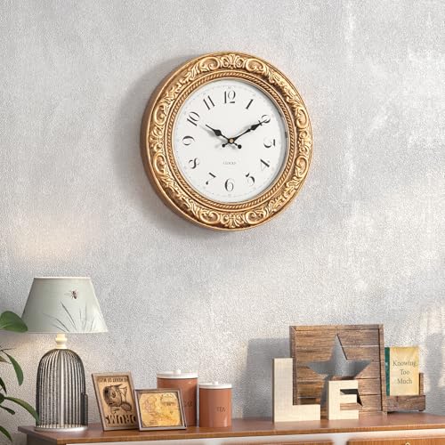 Menterry European Vintage Decorative Wall Clock, 12" Antique Gold Style, Battery Operated Wall Clocks for Kitchen, Bedroom, Farmhouse, Bathroom, Offices
