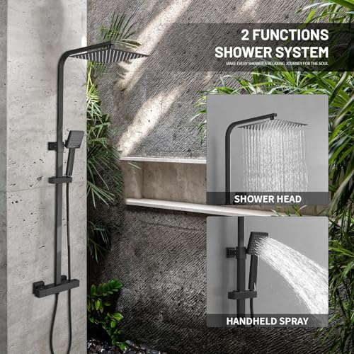 Sistema de ducha expuesta BWE Negro, cabezal de lluvia de 10 pulgadas y ducha de mano, latón | Cabezal de ducha de lluvia de 10 pulgadas, ducha de mano, divisor dual, latón macizo, negro mate, montaje en pared, instalación DIY miniatura 2