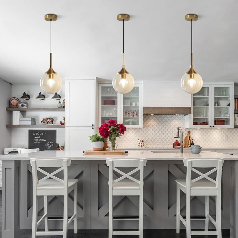 Image of Lighting Mid Century Modern Pendant Chandelier 1-Light Gold Glass Globe Pendant Light Brushed Brass Large Kitchen Pendant Light (Bulb not Include)